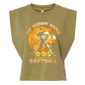 My Broom Broke So Now I Play Softball Baseball Halloween Garment-Dyed Women's Muscle Tee