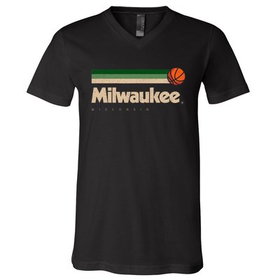 Milwaukee Basketball B Ball City Wisconsin Retro Milwaukee V-Neck T-Shirt