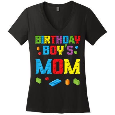 Master Builder Birthday Boy's Mom Building Bricks Blocks Women's V-Neck T-Shirt