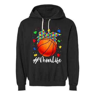 Messy Bun Basketball Ball Puzzle Mom Life Autism Awareness Garment-Dyed Fleece Hoodie