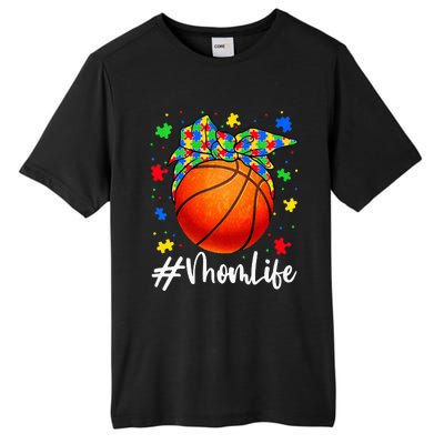 Messy Bun Basketball Ball Puzzle Mom Life Autism Awareness Tall Fusion ChromaSoft Performance T-Shirt