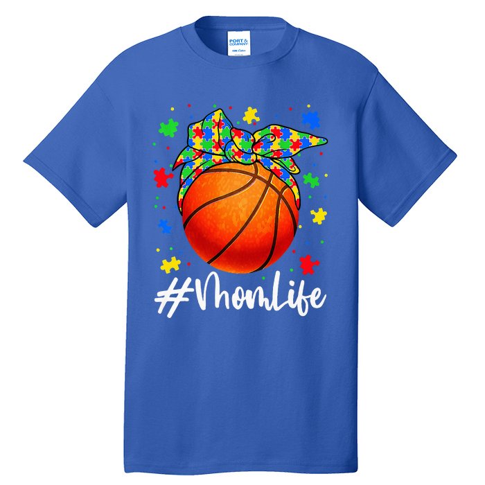 Messy Bun Basketball Ball Puzzle Mom Life Autism Awareness Tall T-Shirt