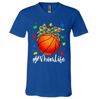 Messy Bun Basketball Ball Puzzle Mom Life Autism Awareness V-Neck T-Shirt