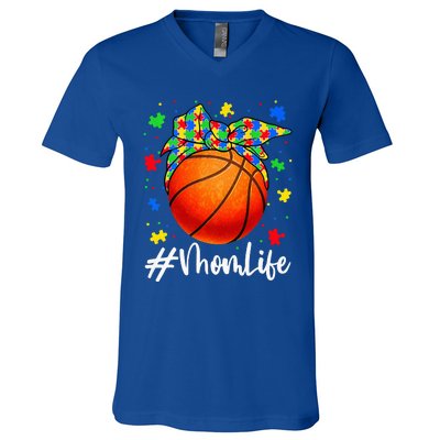 Messy Bun Basketball Ball Puzzle Mom Life Autism Awareness V-Neck T-Shirt