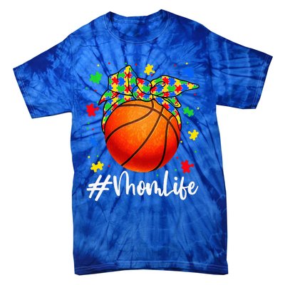 Messy Bun Basketball Ball Puzzle Mom Life Autism Awareness Tie-Dye T-Shirt