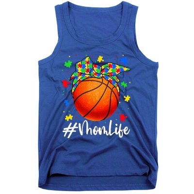 Messy Bun Basketball Ball Puzzle Mom Life Autism Awareness Tank Top