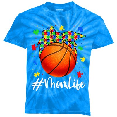 Messy Bun Basketball Ball Puzzle Mom Life Autism Awareness Kids Tie-Dye T-Shirt