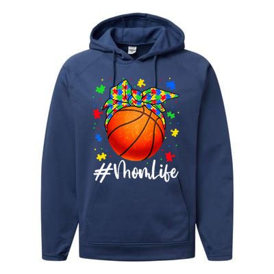 Messy Bun Basketball Ball Puzzle Mom Life Autism Awareness Performance Fleece Hoodie