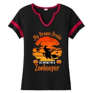 My Broom Broke So Now I Am A Zookeeper Gift Funny Halloween Gift Ladies Halftime Notch Neck Tee