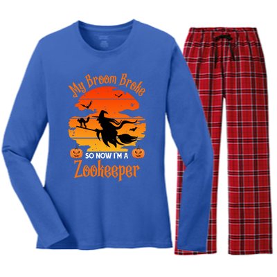 My Broom Broke So Now I Am A Zookeeper Gift Funny Halloween Gift Women's Long Sleeve Flannel Pajama Set 