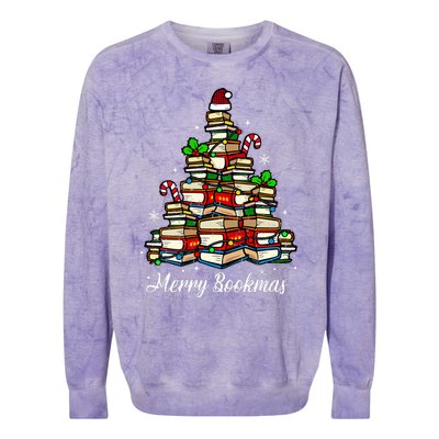 Merry Bookmas Books Christmas Tree Book Lover Santa Hat Xmas Colorblast Crewneck Sweatshirt