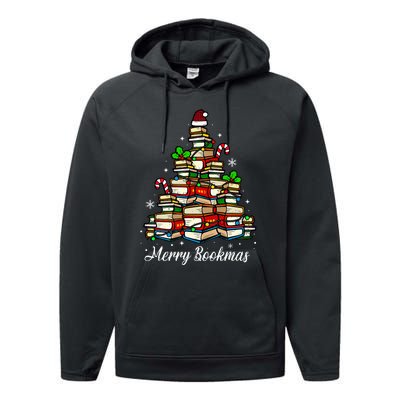 Merry Bookmas Books Christmas Tree Book Lover Santa Hat Xmas Performance Fleece Hoodie