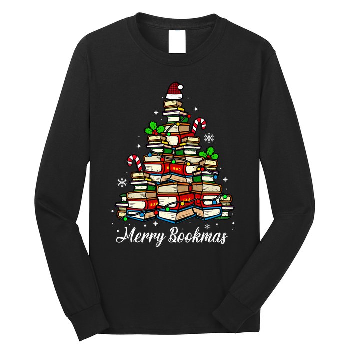 Merry Bookmas Books Christmas Tree Book Lover Santa Hat Xmas Long Sleeve Shirt