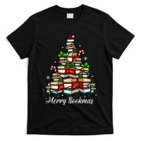 Merry Bookmas Books Christmas Tree Book Lover Santa Hat Xmas T-Shirt