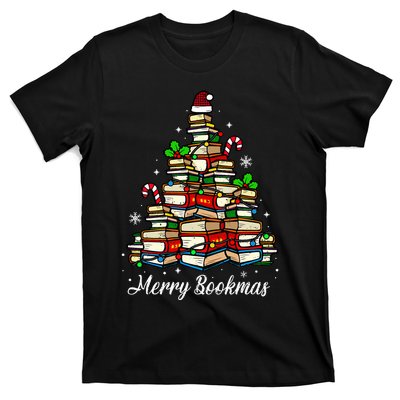 Merry Bookmas Books Christmas Tree Book Lover Santa Hat Xmas T-Shirt