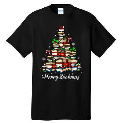 Merry Bookmas Books Christmas Tree Book Lover Santa Hat Xmas Tall T-Shirt