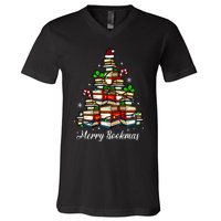 Merry Bookmas Books Christmas Tree Book Lover Santa Hat Xmas V-Neck T-Shirt