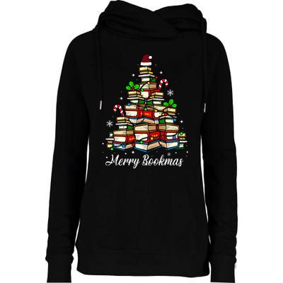 Merry Bookmas Books Christmas Tree Book Lover Santa Hat Xmas Womens Funnel Neck Pullover Hood