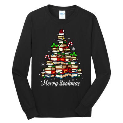 Merry Bookmas Books Christmas Tree Book Lover Santa Hat Xmas Tall Long Sleeve T-Shirt