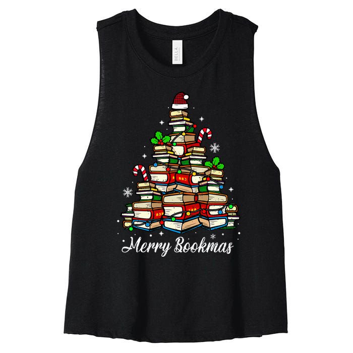 Merry Bookmas Books Christmas Tree Book Lover Santa Hat Xmas Women's Racerback Cropped Tank