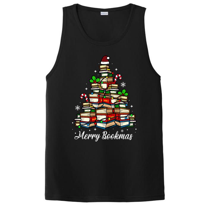 Merry Bookmas Books Christmas Tree Book Lover Santa Hat Xmas PosiCharge Competitor Tank