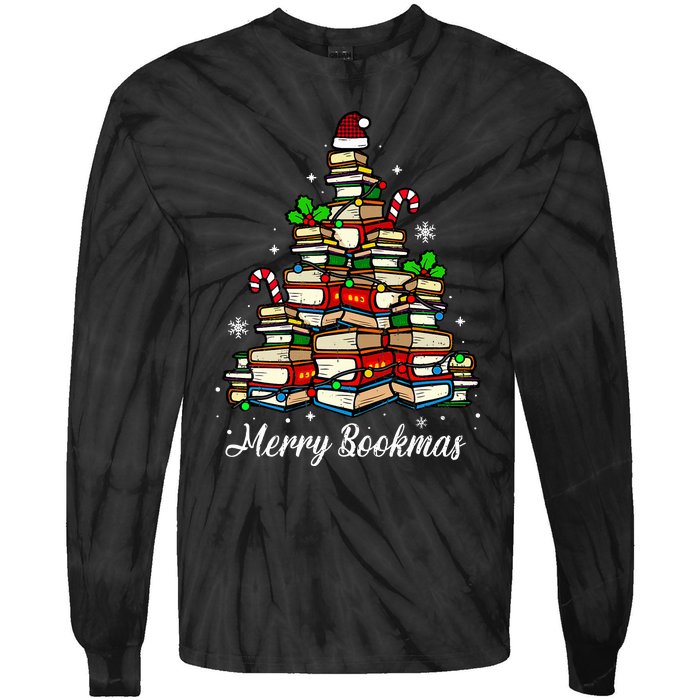 Merry Bookmas Books Christmas Tree Book Lover Santa Hat Xmas Tie-Dye Long Sleeve Shirt