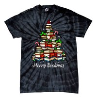 Merry Bookmas Books Christmas Tree Book Lover Santa Hat Xmas Tie-Dye T-Shirt