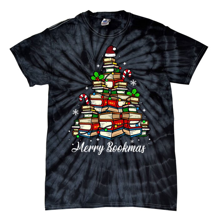 Merry Bookmas Books Christmas Tree Book Lover Santa Hat Xmas Tie-Dye T-Shirt