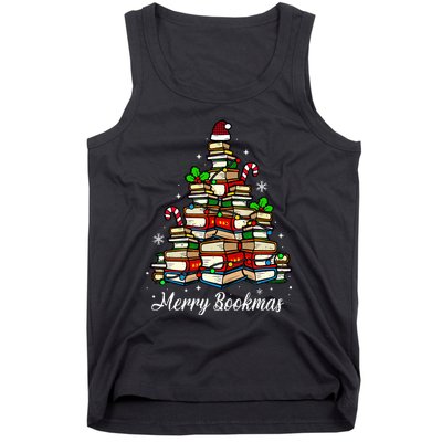 Merry Bookmas Books Christmas Tree Book Lover Santa Hat Xmas Tank Top