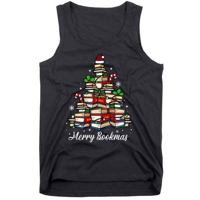 Merry Bookmas Books Christmas Tree Book Lover Santa Hat Xmas Tank Top