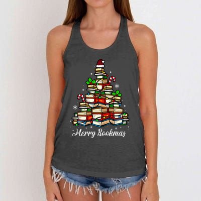 Merry Bookmas Books Christmas Tree Book Lover Santa Hat Xmas Women's Knotted Racerback Tank