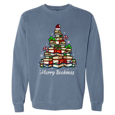 Merry Bookmas Books Christmas Tree Book Lover Santa Hat Xmas Garment-Dyed Sweatshirt