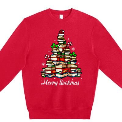 Merry Bookmas Books Christmas Tree Book Lover Santa Hat Xmas Premium Crewneck Sweatshirt