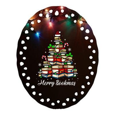 Merry Bookmas Books Christmas Tree Book Lover Santa Hat Xmas Ceramic Oval Ornament