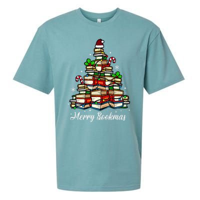 Merry Bookmas Books Christmas Tree Book Lover Santa Hat Xmas Sueded Cloud Jersey T-Shirt