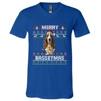 Merry Bassetmas Basset Hound Ugly Christmas Sweater Dog Dad Gift V-Neck T-Shirt