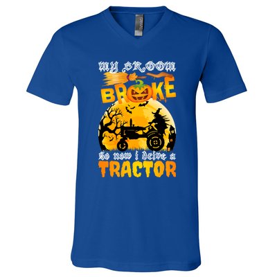 My Broom Broke So Now I Drive A Tractor Halloween Farmer Meaningful Gift V-Neck T-Shirt