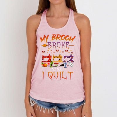 My Broom Broke So Now I Quilt Halloween Funny Gift Women's Knotted Racerback Tank