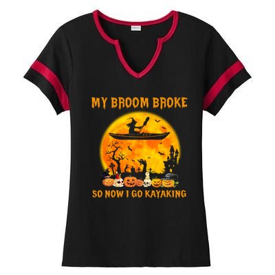 My Broom Broke So Now I Go Kayaking Halloween Kayak Ladies Halftime Notch Neck Tee