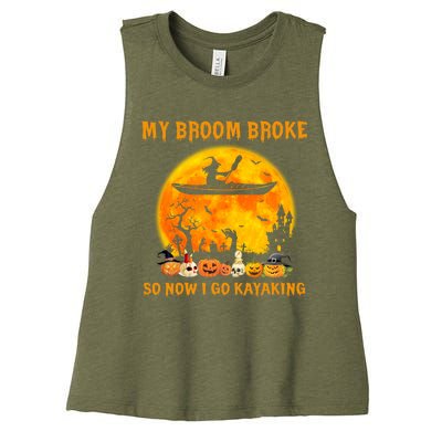 My Broom Broke So Now I Go Kayaking Halloween Kayak Women's Racerback Cropped Tank