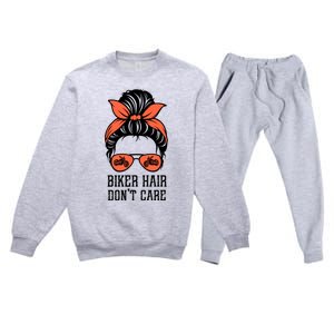 Messy Bun Bike Lovers Biker Hair Don't Care Funny Gift Premium Crewneck Sweatsuit Set