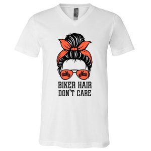 Messy Bun Bike Lovers Biker Hair Don't Care Funny Gift V-Neck T-Shirt