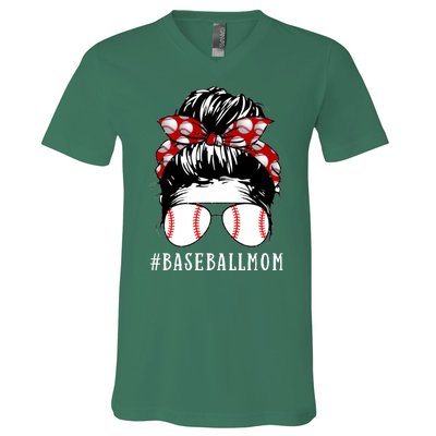 Messy Bun Baseball Mom V-Neck T-Shirt