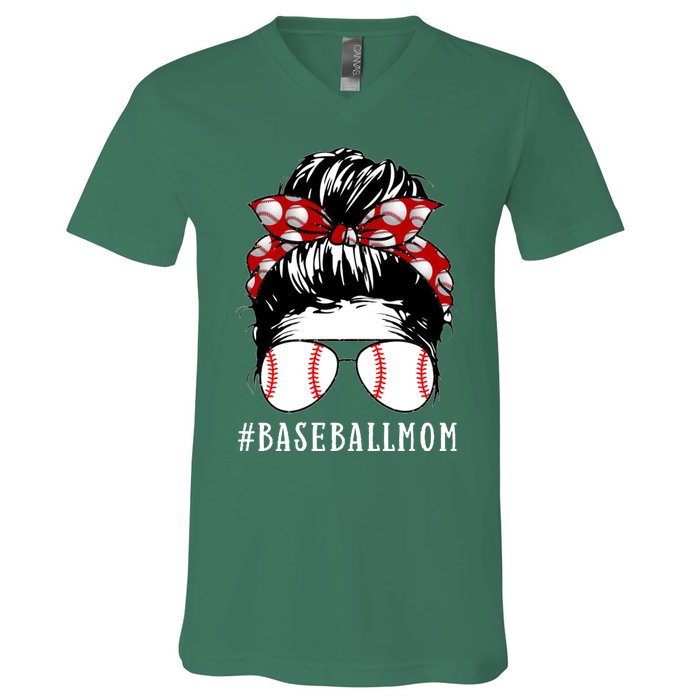 Messy Bun Baseball Mom V-Neck T-Shirt