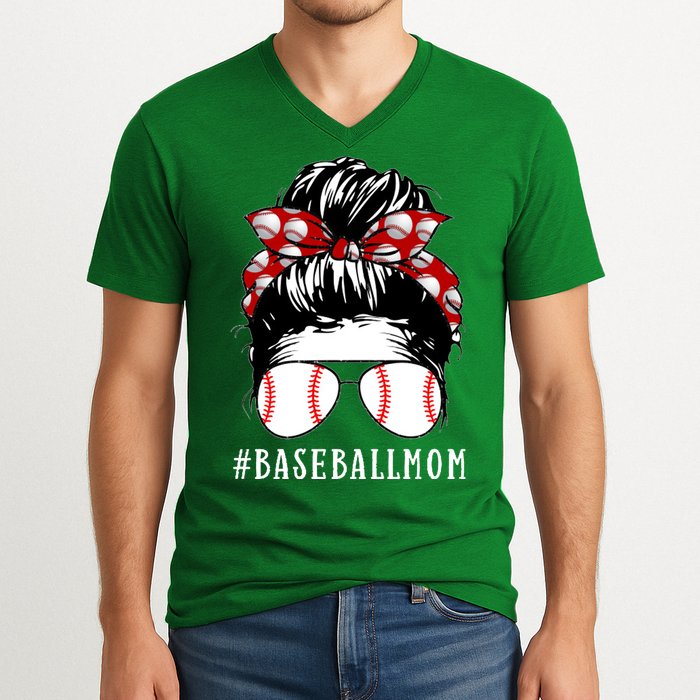 Messy Bun Baseball Mom V-Neck T-Shirt