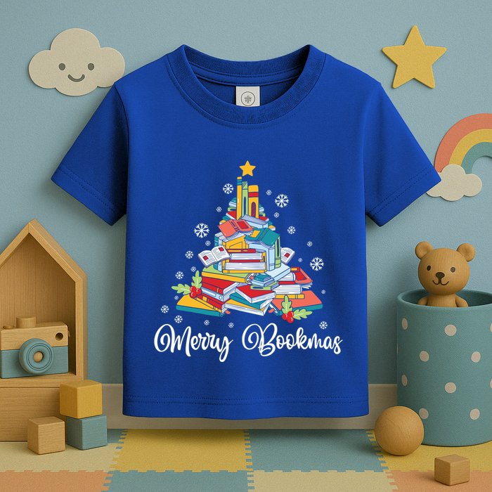 Merry Bookmas Books Pine Tree Funny Reading Lover Christmas Gift Toddler T-Shirt