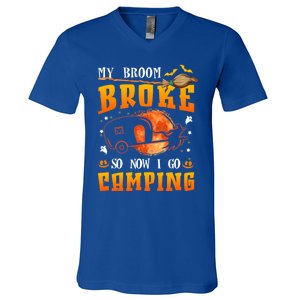 My Broom Broke So Now I Go Camping Halloween Witch Gift V-Neck T-Shirt