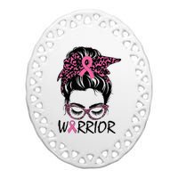 Messy Bun Breast Cancer Wear Pink Warrior Ceramic Oval Ornament