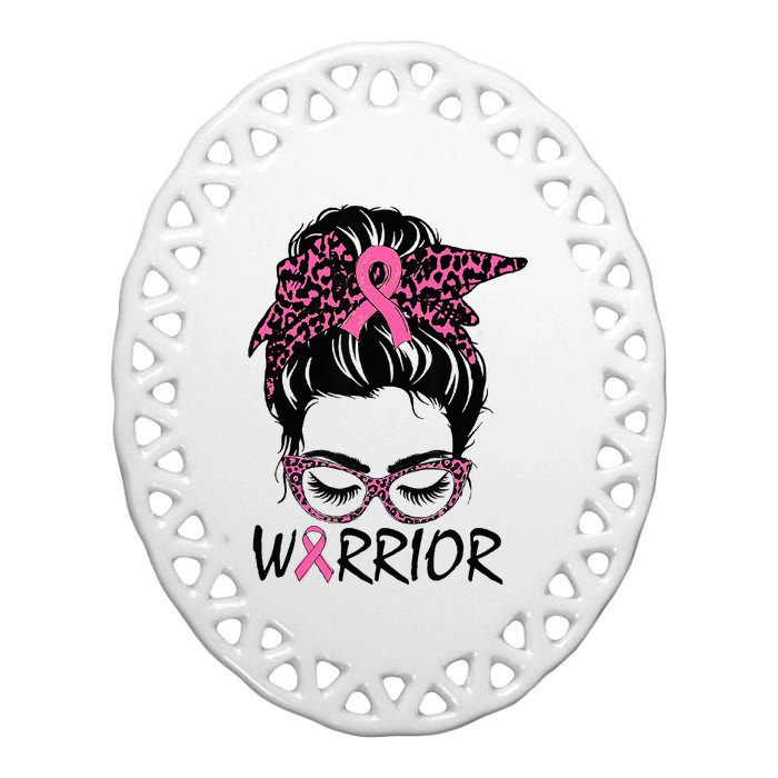 Messy Bun Breast Cancer Wear Pink Warrior Ceramic Oval Ornament