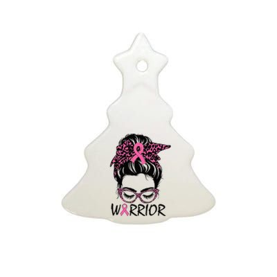 Messy Bun Breast Cancer Wear Pink Warrior Ceramic Tree Ornament